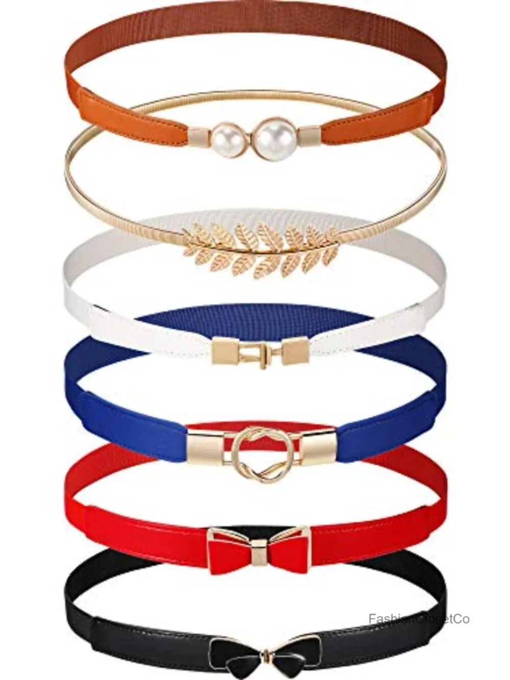 6 Pack Women Skinny Stretch Belts Elastic Waist Cinch Retro Faux Leather Metal
